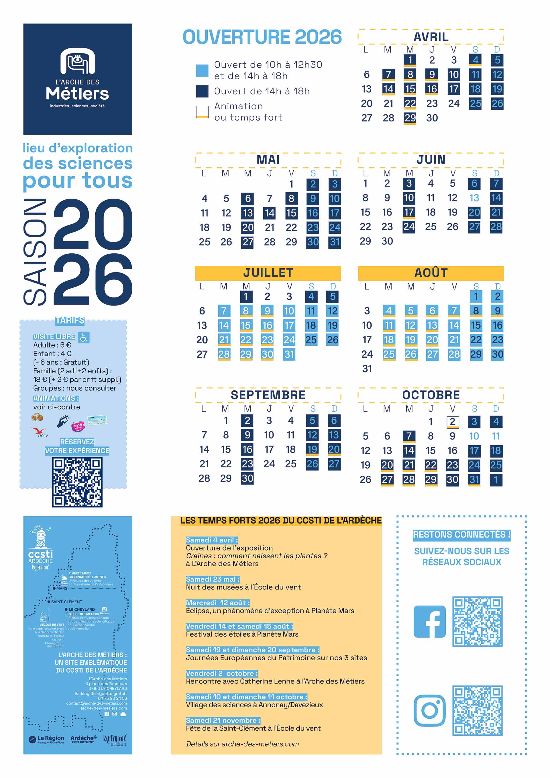 Calendrier des jours d'ouverture 2026 - Arche des Métiers